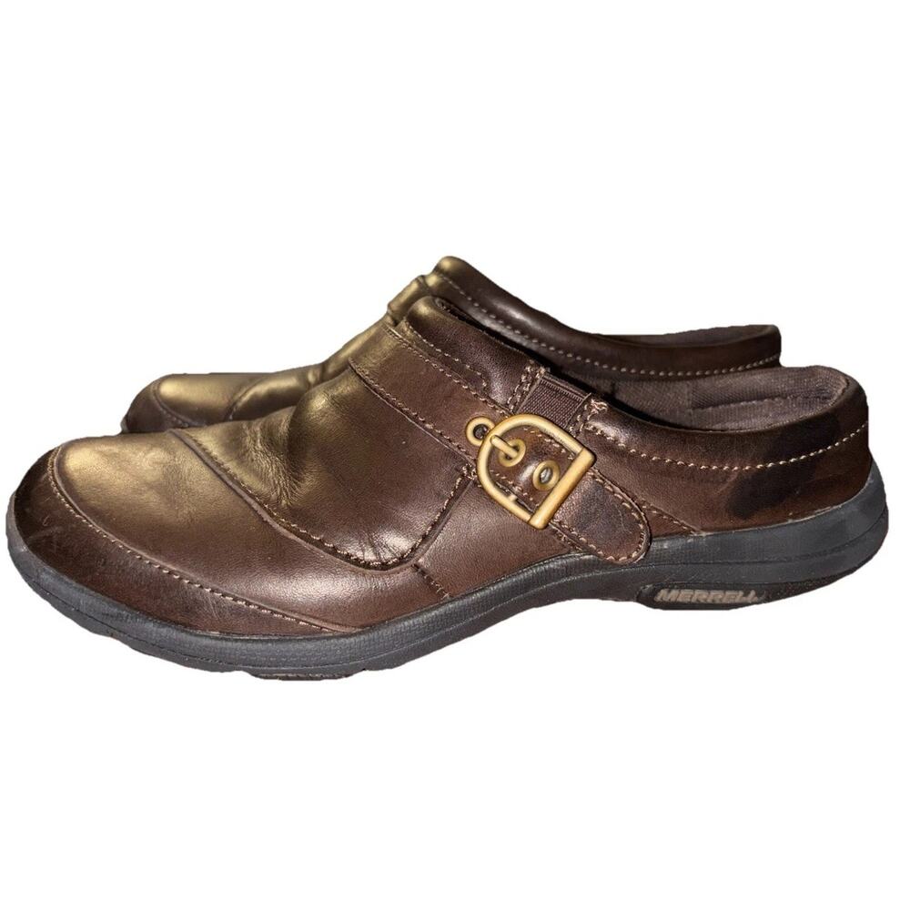 Merrell Leather Clog Shoes Womens Size 7.5 Brown Buckle Slip On Comfort Casual - Picture 3 of 8
